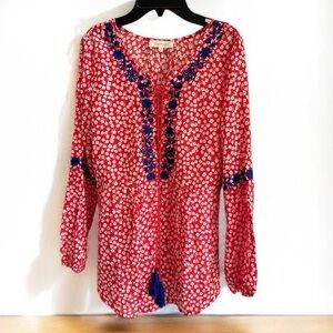Solitaire Red & Blue Floral Long Sleeve Blouse. Medium. Like New!